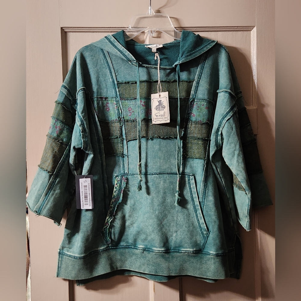 NWT Easel Mineral Wash Oversized Patchwork Hoodie Pine Green S